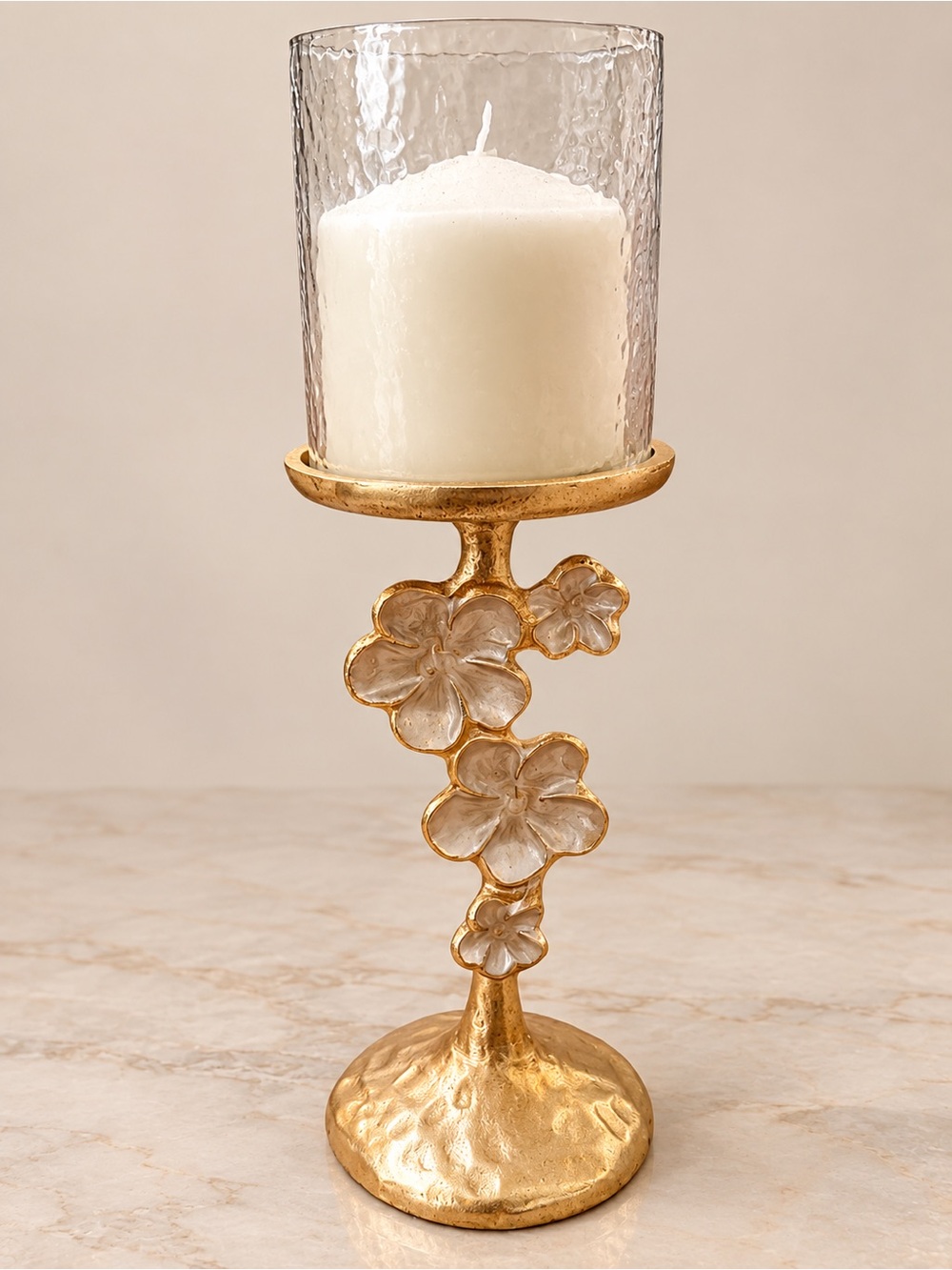 Gold Floral Glass Hurricane Candle Holder with White Candle